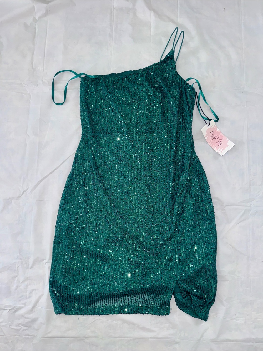 Sequined Emerald Green One-Shoulder Mini Dress